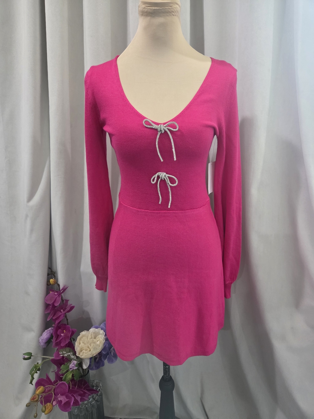 Women’s Bright Fuchsia Long-Sleeve Knit Dress with Front Tie Details